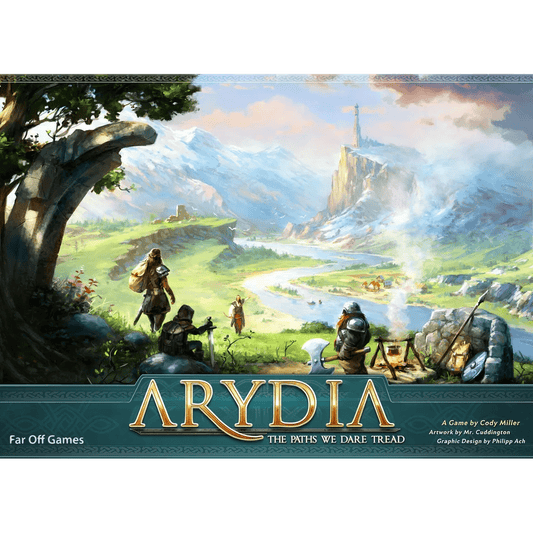 The box for Arydia: The Paths We Dare Tread by Far Off Games features adventurers gazing over a vibrant valley with rivers, forests, and a distant tower, with the game title displayed at the bottom.