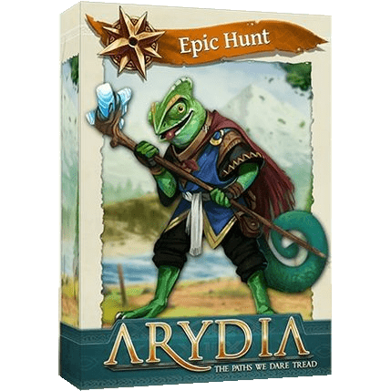 Box cover of Arydia: The Paths We Dare Tread Bundle by Far Off Games shows an armored, humanoid chameleon with a mystical staff and 'Epic Hunt' on a top banner—ideal for open-world campaign board game enthusiasts.
