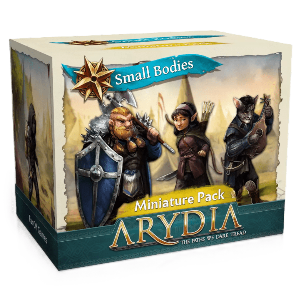 A box labeled Arydia: The Paths We Dare Tread Bundle by Far Off Games features illustrated fantasy characters—a dwarf with a shield, an elf with a bow, and a cat-like bard with a lute—from the Arydia board game.