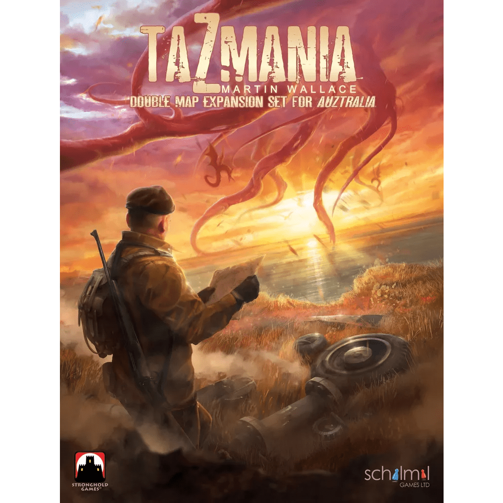 A person in outdoor gear stands in a grassy field reading a map at sunset as tentacles rise from the clouds. The text reads, "AuZtralia: TaZmania Expansion by SchilMil Games – Features Dual-Map and Solo Campaign Mode.