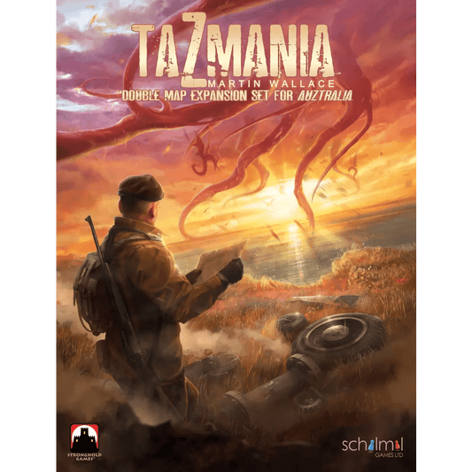 A person in outdoor gear stands in a grassy field reading a map at sunset as tentacles rise from the clouds. The text reads, "AuZtralia: TaZmania Expansion by SchilMil Games – Features Dual-Map and Solo Campaign Mode.