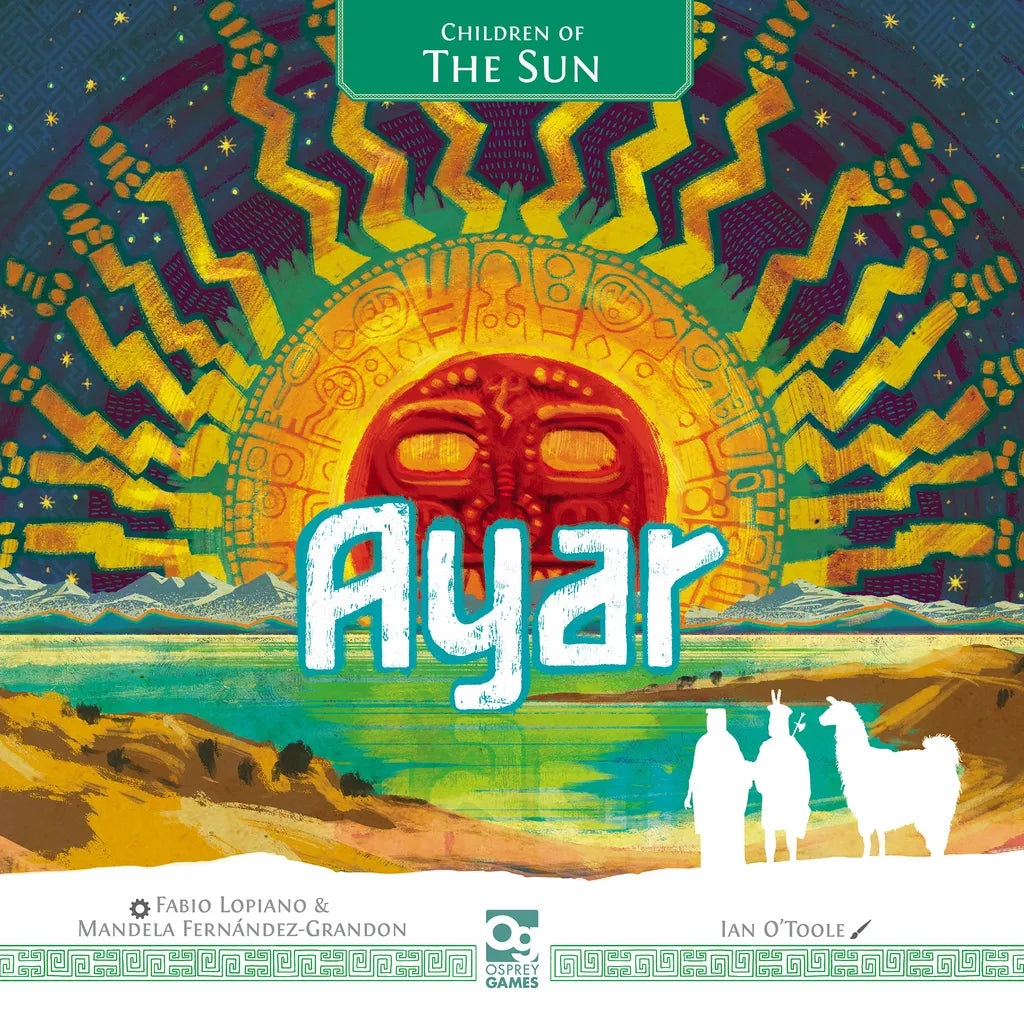 Board game cover of 'Ayar' with a sun design and desert landscape.