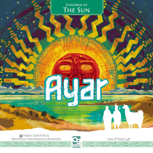 Board game cover of 'Ayar' with a sun design and desert landscape.