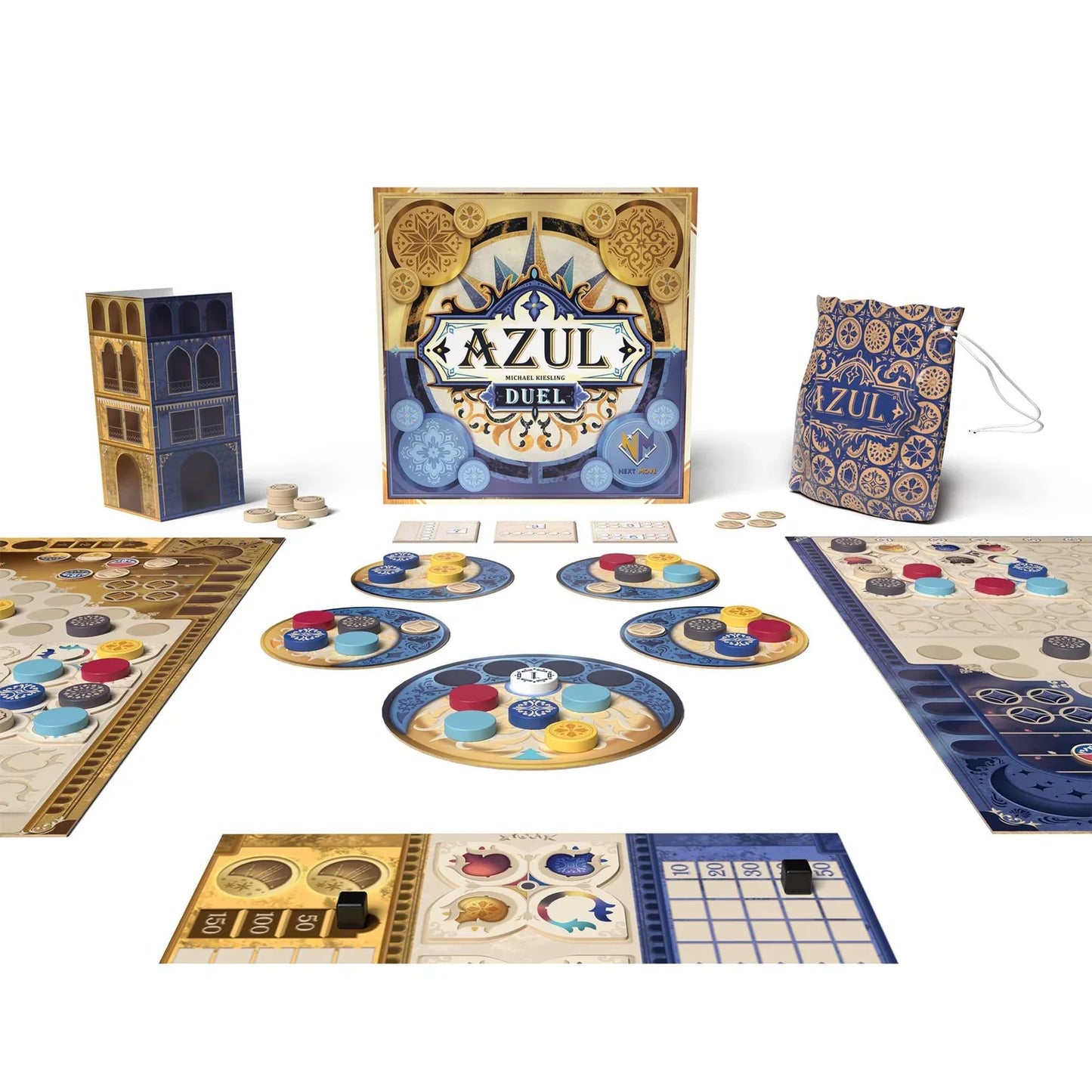 Azul Duel by Next Move Games shown with box, boards, player mats, round pattern disks with colored tiles, scoreboards, tokens, and a drawstring bag—everything you need for this two-player strategic tile drafting game.