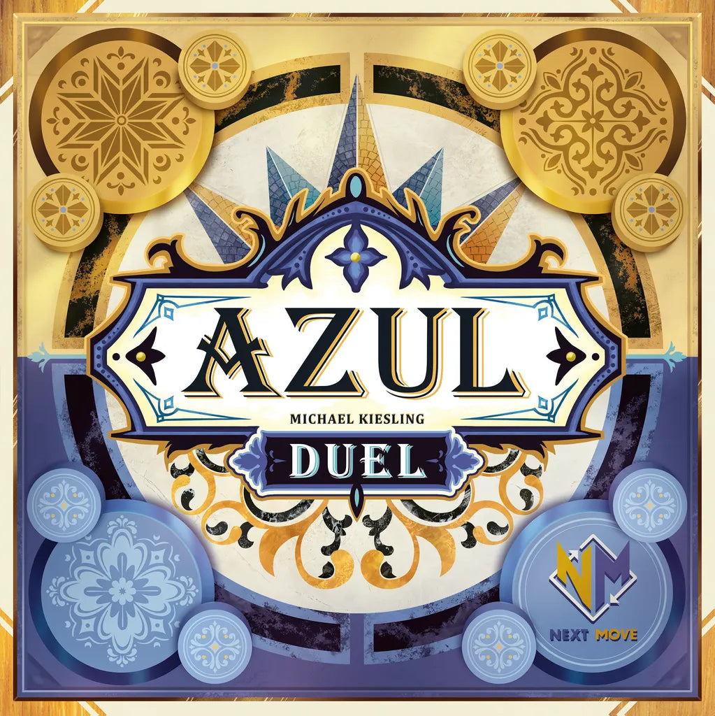 The box of Azul Duel NL/FR by Next Move Games displays gold and blue tile art inspired by Sintra tegels, with coins and a white-blue title banner. The Next Move Games logo appears bottom right. Perfect tegelspel voor 2 spelers!.