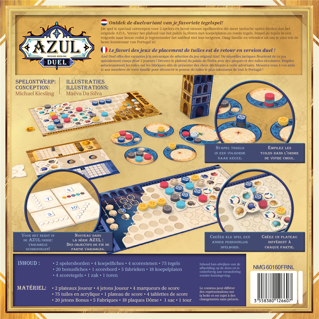 The back of the Azul Duel NL/FR box by Next Move Games shows components like Sintra tiles, player and scoring boards, a tower, plus detailed images and French instructions for this two-player tile game.