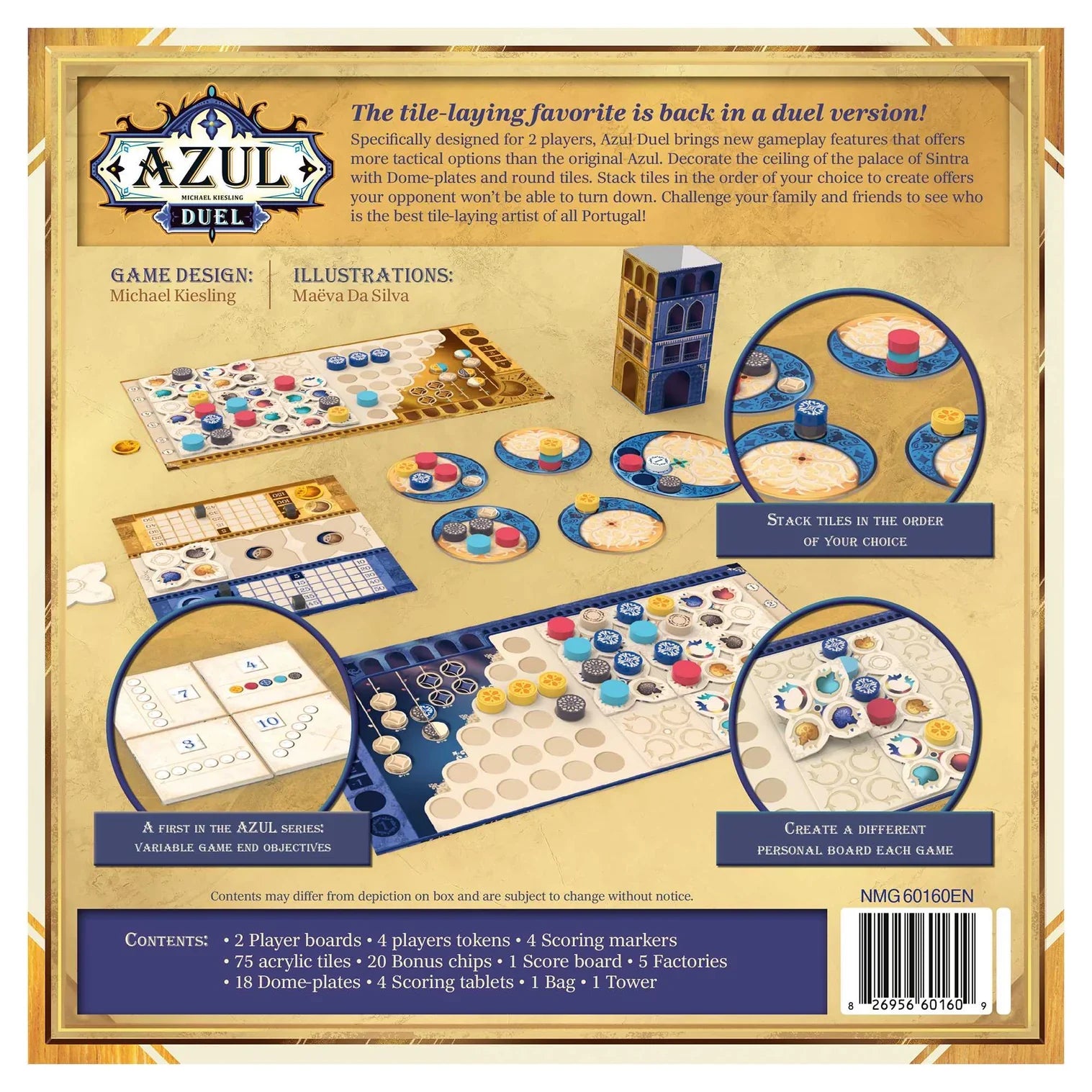 Back of Azul Duel by Next Move Games displays vibrant components, boards, and tokens. Text highlights the strategic 2-player tile drafting gameplay, features, contents list, designer info, play steps, and shows the front of the box.