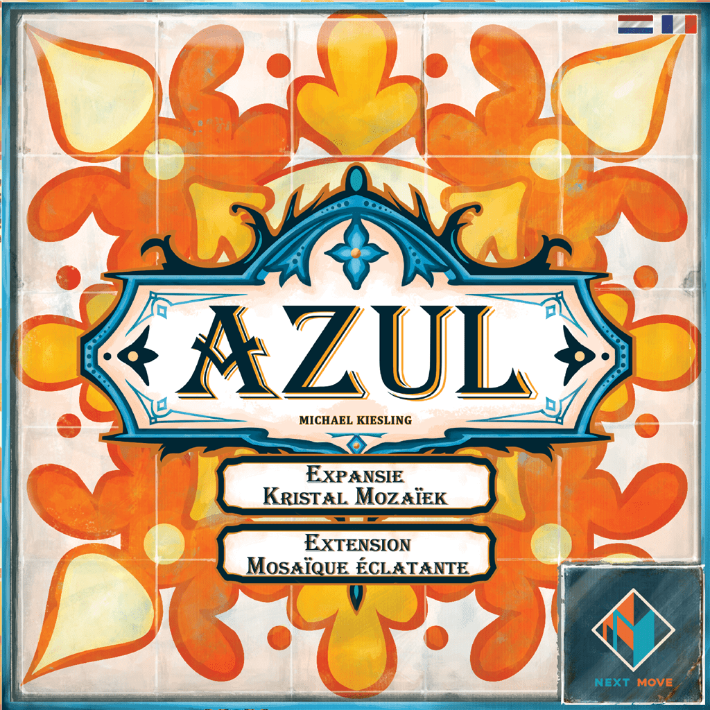 Azul Kristal Mozaiek Expansie / Mosaique Eclatante Extension by Next Move Games features ornate orange and yellow tile patterns, a blue frame, and French/Dutch text describing new player boards for the Azul board game.