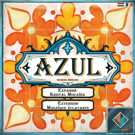 Azul Kristal Mozaiek Expansie / Mosaique Eclatante Extension by Next Move Games features ornate orange and yellow tile patterns, a blue frame, and French/Dutch text describing new player boards for the Azul board game.