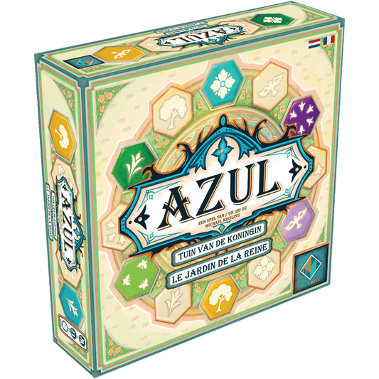 The image shows the box of Azul: Tuin van de Koningin / Le Jardin de la Reine NL/FR by Next Move Games, featuring colorful hexagonal patterned tiles on a pastel background and the title in Dutch and French.