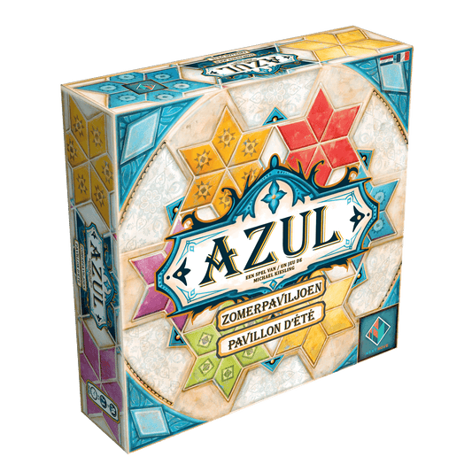 The image features the colorful box of Azul: Zomerpaviljoen / Pavillon d'été by Next Move Games, part of the Azul spellenreeks, with mosaic tile patterns in blue, red, yellow, green, and orange surrounding the game’s title.
