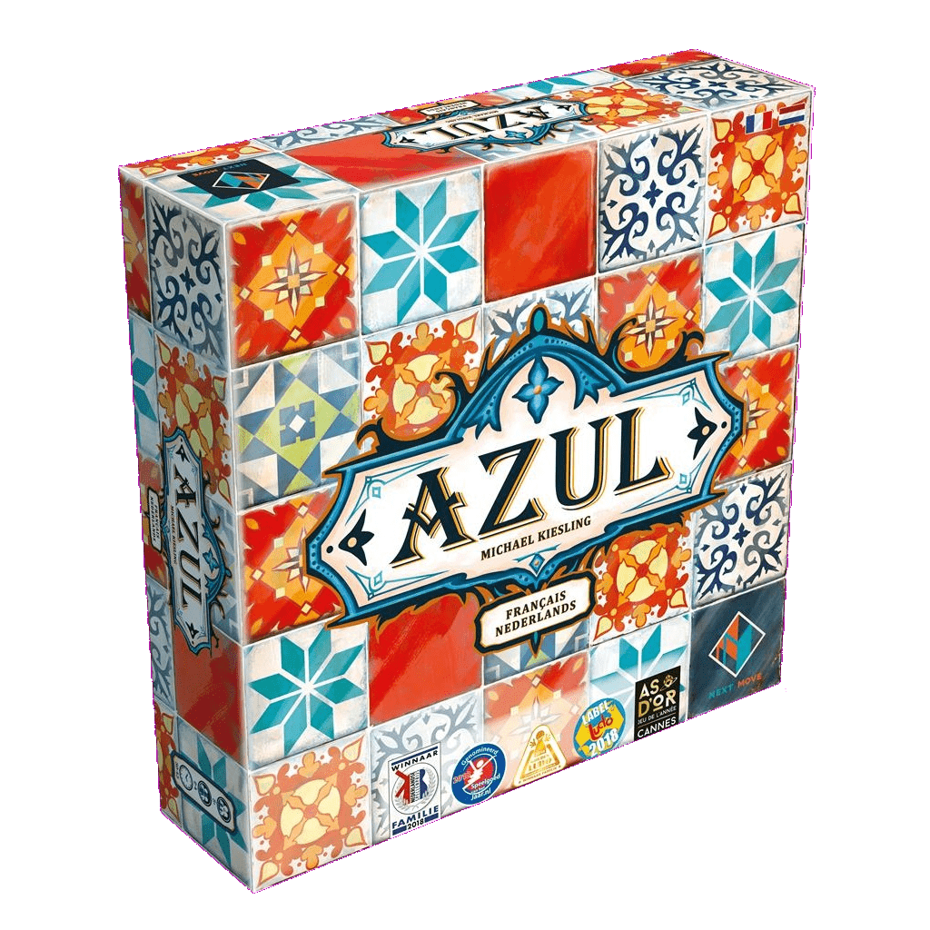 The image shows the box of Azul NL/FR by Next Move Games with colorful blue, red, orange, and white keramische tegels. The title "Azul" appears prominently in the center surrounded by ornate designs.