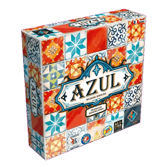 The image shows the box of Azul NL/FR by Next Move Games with colorful blue, red, orange, and white keramische tegels. The title "Azul" appears prominently in the center surrounded by ornate designs.