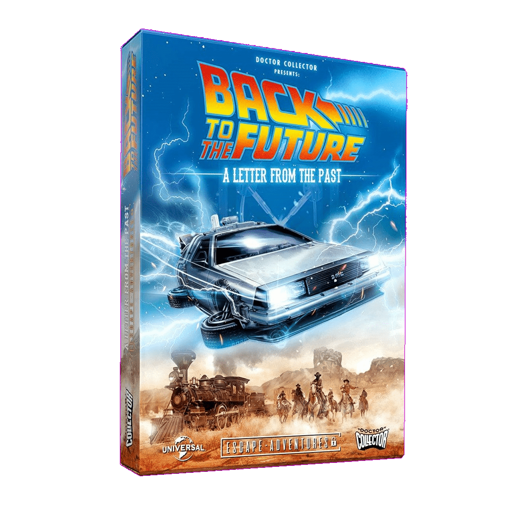 R12 Games’ “Back to the Future: A Letter From the Past” comes in a colorful box featuring a flying DeLorean, lightning, Old West scenes, and movie characters—ideal for adventure puzzle and time decoder challenge fans.