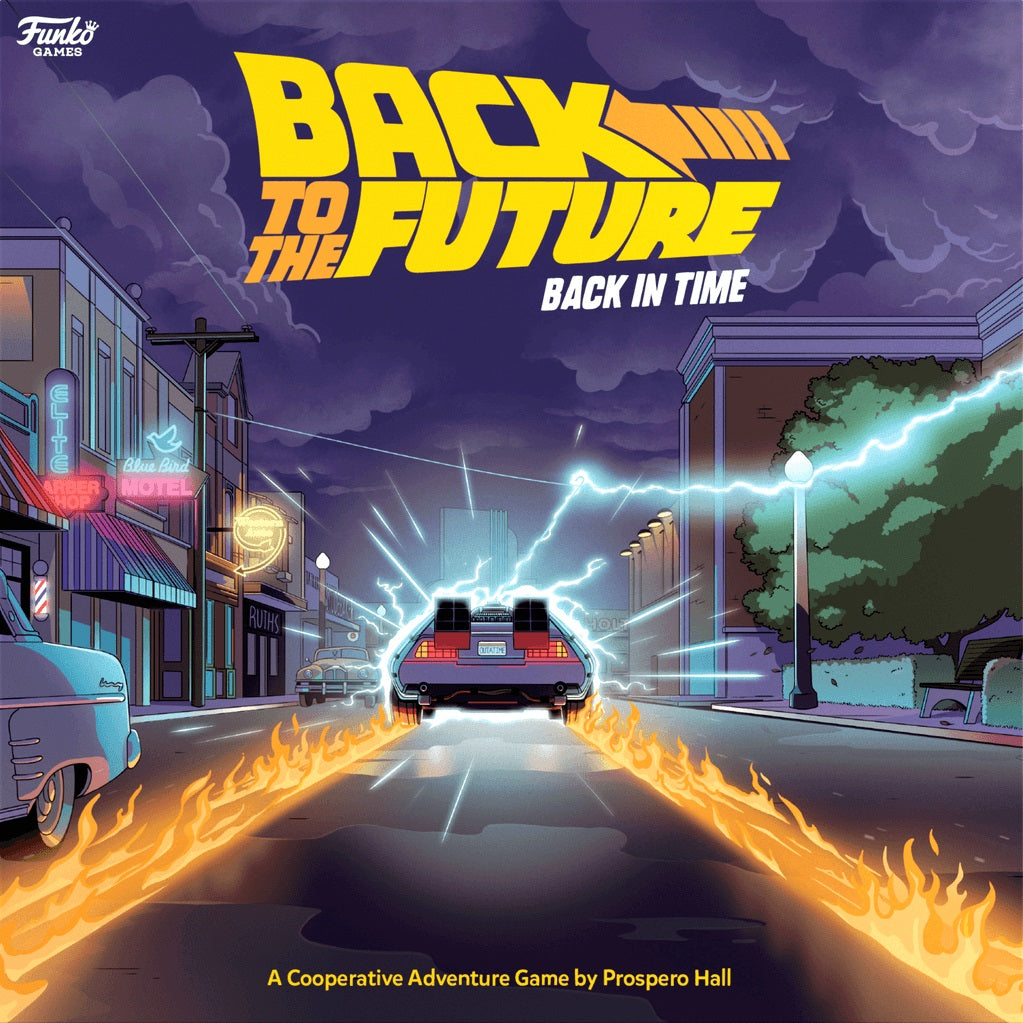 A DeLorean time machine blazes through a neon city street at night in a swirl of lightning. The text reads “Back to the Future: Back in Time”—an epic cooperative board game adventure from Funko Games.
