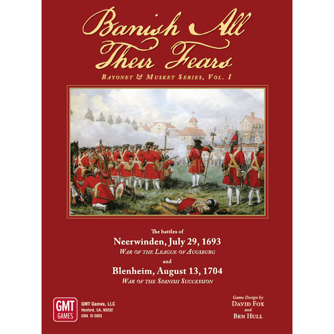 The cover of Banish All Their Fears: Bayonet & Musket Battles, Volume 1 from GMT Games features red-coated soldiers in formation, officers on horseback, distant buildings, and series details for musket and pike battles.
