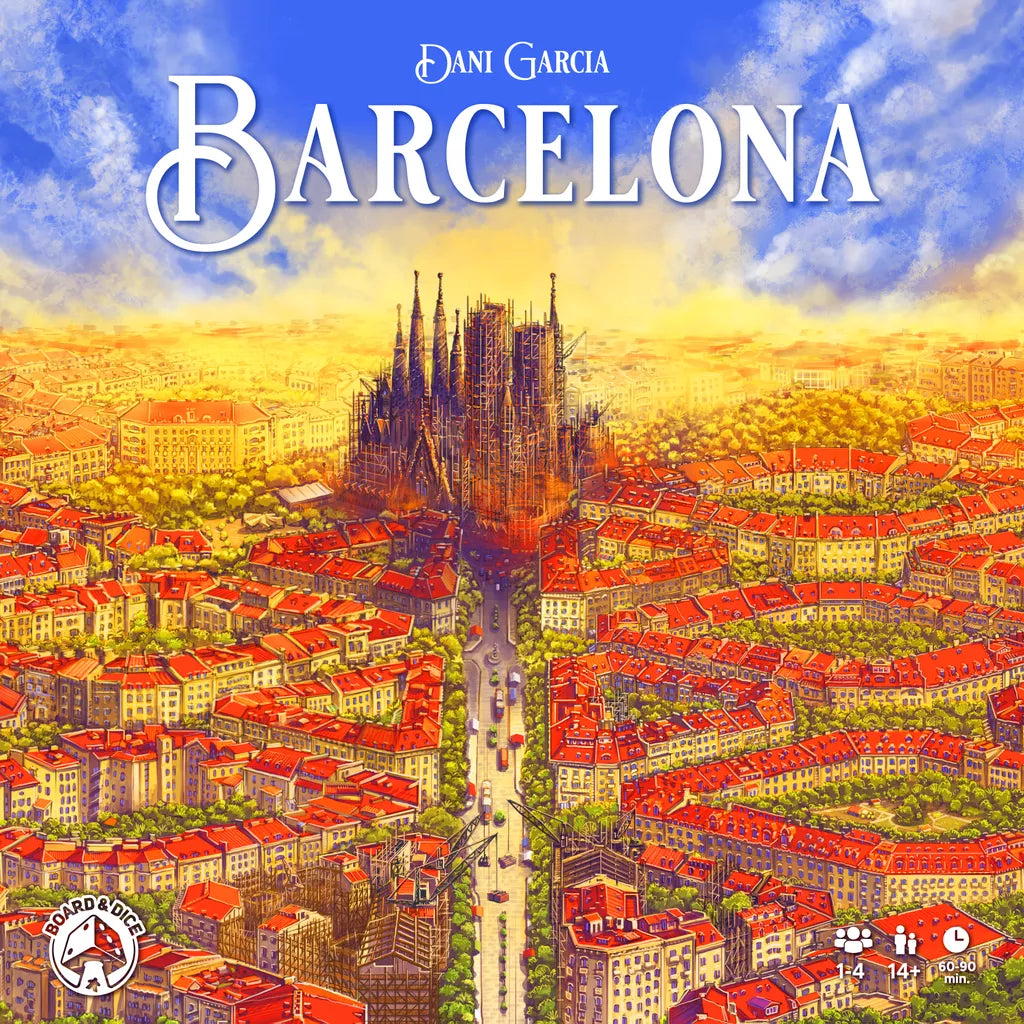 Colorful illustration of Barcelona’s cityscape, inspired by Ildefons Cerdà's 19th-century urban planning, featuring Sagrada Família at the center and red-roofed buildings. "Barcelona" and "Board & Dice" are displayed at the top.