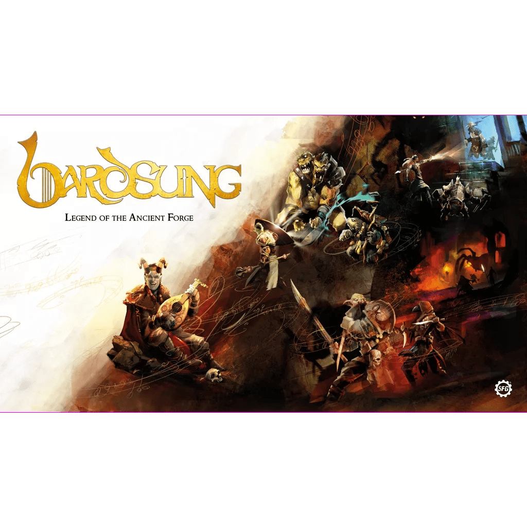 Bardsung: Legend of the Ancient Forge by Steamforged Games features armored heroes battling monsters in a fiery, mystical world, capturing the essence of a roguelike adventure with procedurally generated dungeons.