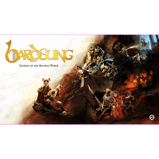 Bardsung: Legend of the Ancient Forge by Steamforged Games features armored heroes battling monsters in a fiery, mystical world, capturing the essence of a roguelike adventure with procedurally generated dungeons.