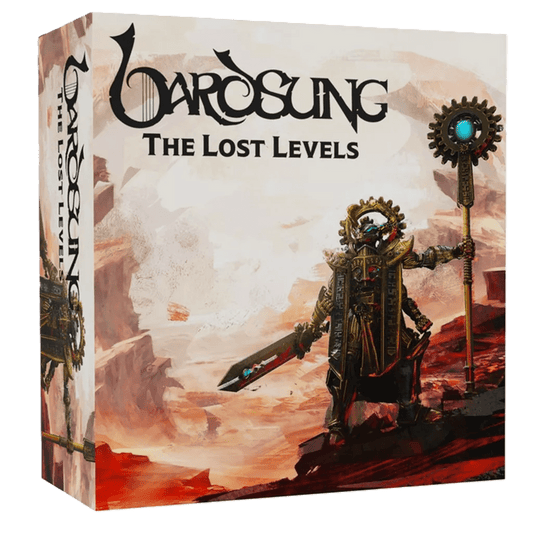 The Bardsung: Lost Levels Expansion by Steamforged Games, a Kickstarter exclusive, features fantasy art of an armored figure with staff and sword on rocky red terrain beneath a dramatic cloudy sky.