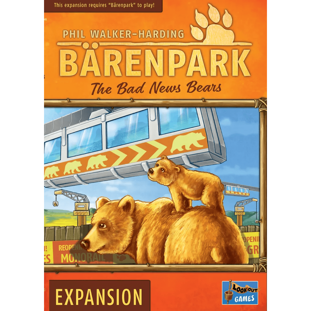 The box art for Bärenpark: The Bad News Bears Expansion by Lookout Games showcases two bears with a monorail and amusement park behind, ideal for fans seeking new grizzly bear tiles. Title and branding are clearly displayed at the top.