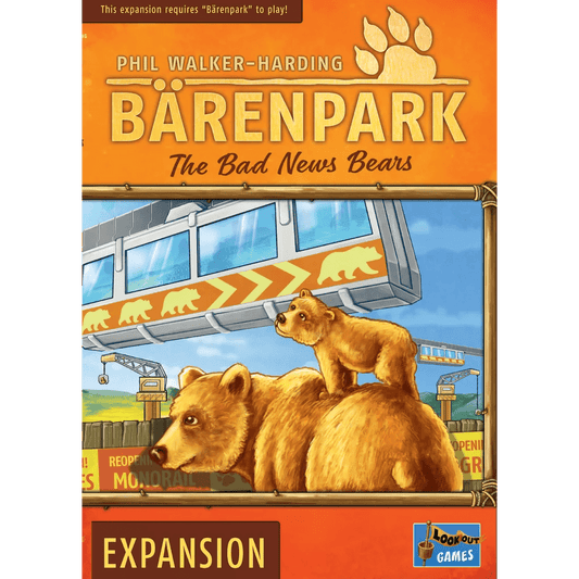The box art for Bärenpark: The Bad News Bears Expansion by Lookout Games showcases two bears with a monorail and amusement park behind, ideal for fans seeking new grizzly bear tiles. Title and branding are clearly displayed at the top.