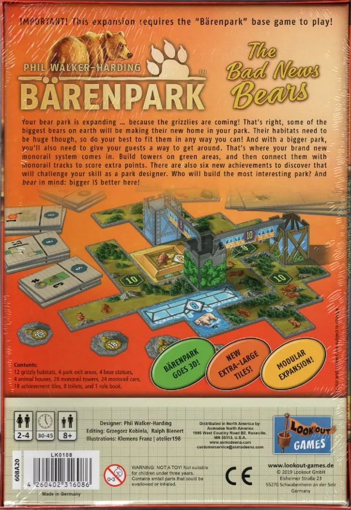 The back of the Bärenpark: The Bad News Bears Expansion box by Lookout Games showcases grizzly bear tiles, illustrated bears, game setup, and details about this expansion’s features and requirements for Bärenpark.