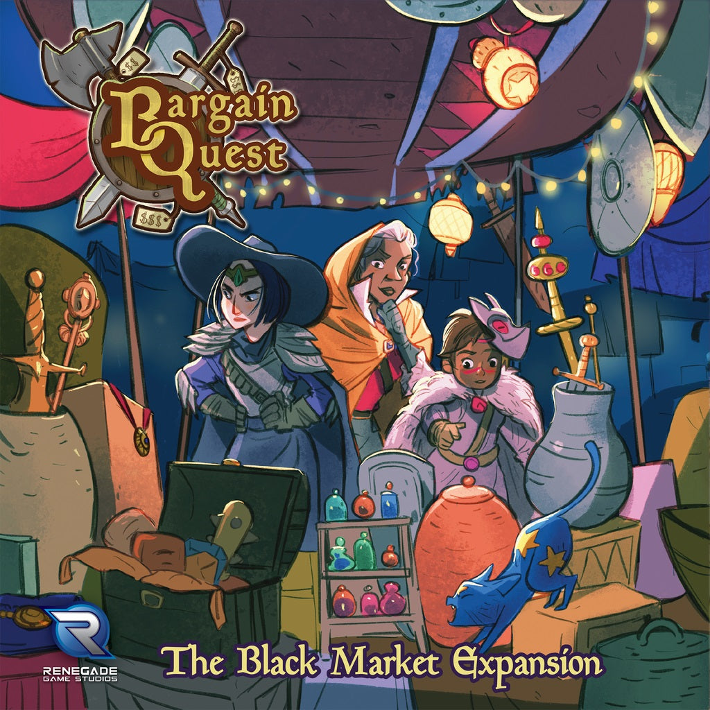 Three fantasy characters browse a vibrant market stall of swords and treasures beneath lanterns at night. A blue cat with a star sniffs a jar. Text: Bargain Quest: The Black Market Expansion by Renegade Game Studios—includes the Black Market Deck!.