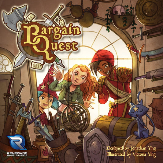 Three adventurers stand in a shop packed with weapons, armor, and magical items. Sunlight pours in behind them. "Bargain Quest" by Renegade Game Studios appears boldly at the top, showcasing this exciting adventure board game.