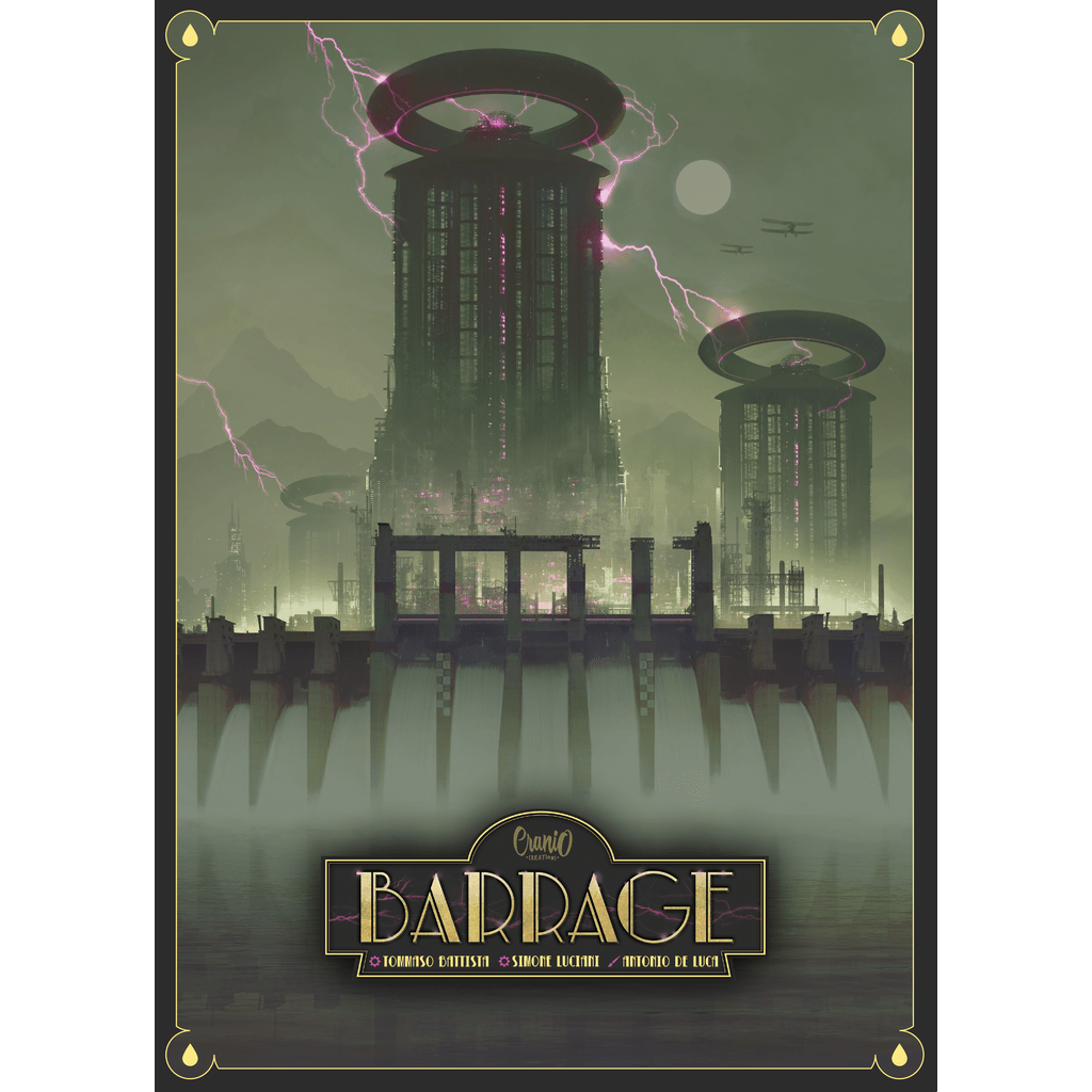 A futuristic cityscape with towering structures crackling with purple lightning rises behind a huge dam as flying vehicles zip through green clouds. Below, "Barrage" by Cranio Creations hints at an intense resource management strategy game.