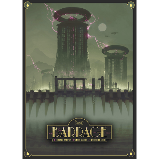 A futuristic cityscape with towering structures crackling with purple lightning rises behind a huge dam as flying vehicles zip through green clouds. Below, "Barrage" by Cranio Creations hints at an intense resource management strategy game.