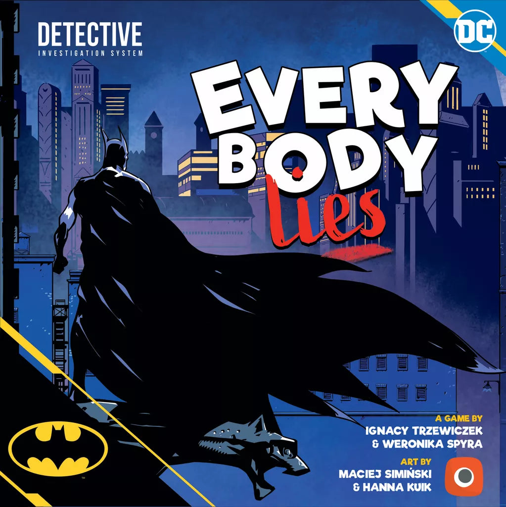 A comic-style image of Batman overlooking a night city skyline features on Batman: Everybody Lies by Portal Games, with bold title, DC and Batman logos, and credits to game creators and artists displayed.