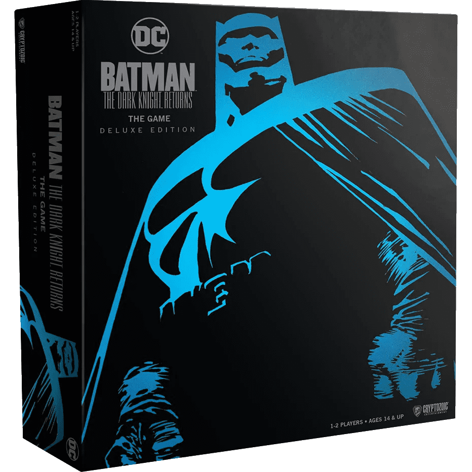 Batman: The Dark Knight Returns – The Game Deluxe Edition by Cryptozoic Entertainment features stylized blue Batman artwork on a black box. This solo board game suits 1-2 players ages 14+ and displays the DC logo.