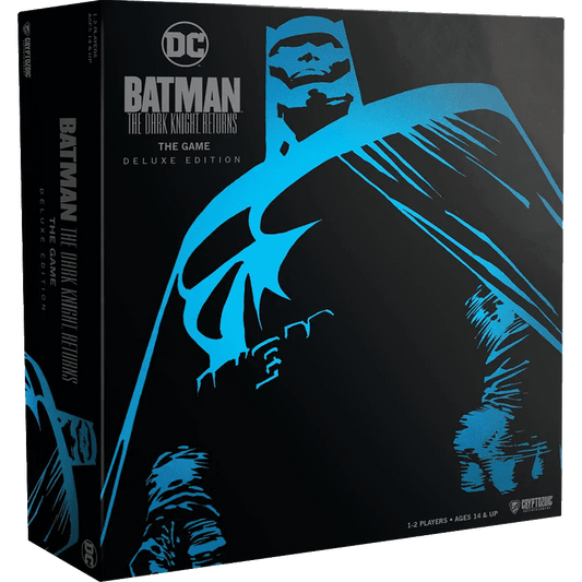 Batman: The Dark Knight Returns – The Game Deluxe Edition by Cryptozoic Entertainment features stylized blue Batman artwork on a black box. This solo board game suits 1-2 players ages 14+ and displays the DC logo.
