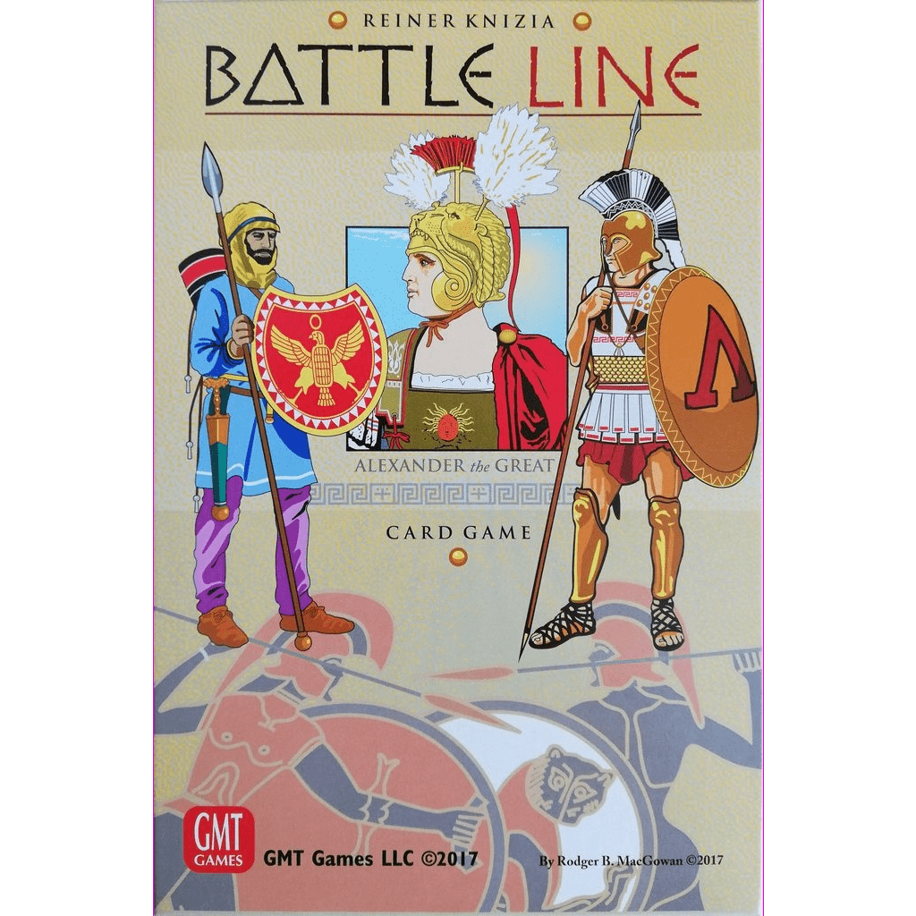 Box cover of GMT Games' Battle Line, a two-player card game, displays illustrated ancient soldiers with shields and spears, centered around a portrait of Alexander the Great in a golden helmet.