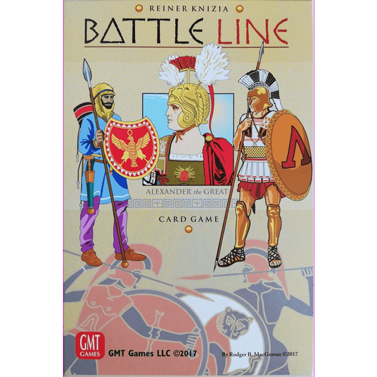 Box cover of GMT Games' Battle Line, a two-player card game, displays illustrated ancient soldiers with shields and spears, centered around a portrait of Alexander the Great in a golden helmet.