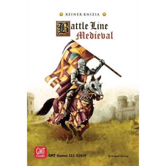 A knight in armor rides a horse, both clad in purple and gold, capturing medieval warfare. Text reads "Battle Line: Medieval" by Reiner Knizia. The GMT Games logo is shown below.