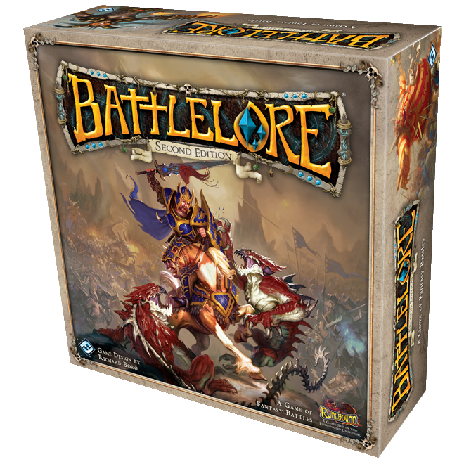 The image displays the box for BattleLore (Second Edition) by Fantasy Flight Games, a fantasy board game with squad-based battles. The cover features an armored warrior riding a creature and holding a glowing sword in the midst of battle.