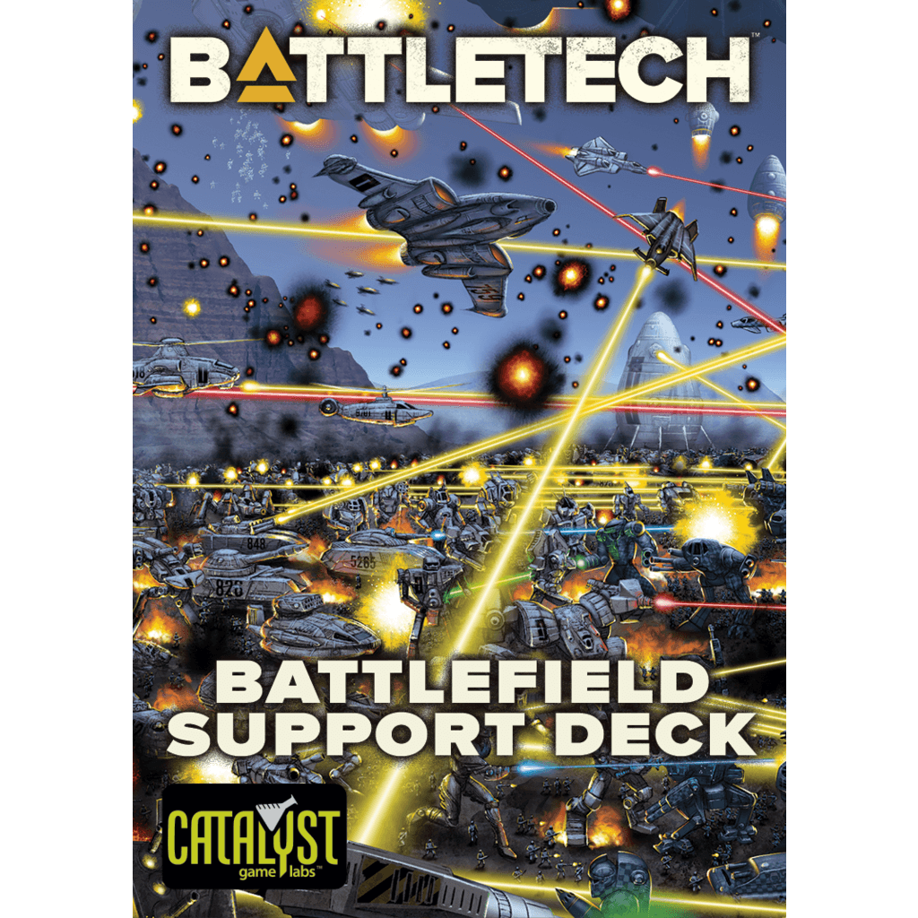 The BattleTech: Battlefield Support Deck by Catalyst Game Labs showcases futuristic tanks, mechs, and aircraft in an explosive, chaotic battle scene lit by energy blasts. The brand's logo appears at the bottom of the cover art.