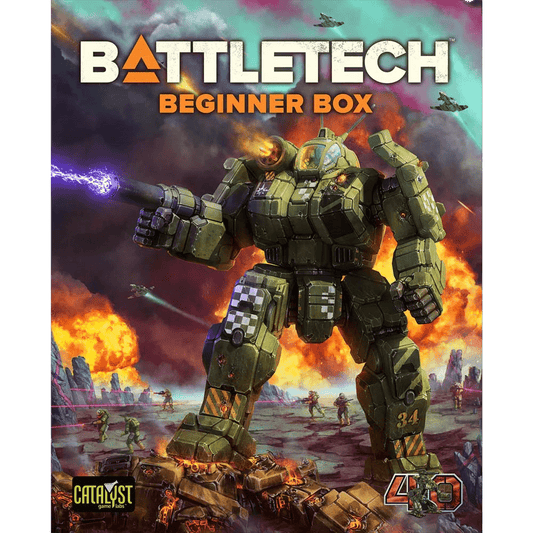 A massive armored BattleMech fires a glowing weapon on a fiery battlefield amid explosions and aircraft. Text reads: BattleTech: Beginner Box 40th Anniversary Edition. Catalyst Game Labs and 40th anniversary logos are shown below.