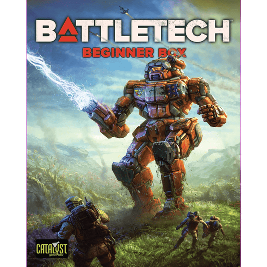 The cover of BattleTech: Beginner Box Mercenary Edition shows a large orange mech firing a blue energy weapon, flanked by two armored soldiers on grass. Ideal for new players, it features the Catalyst Game Labs logo in the corner.
