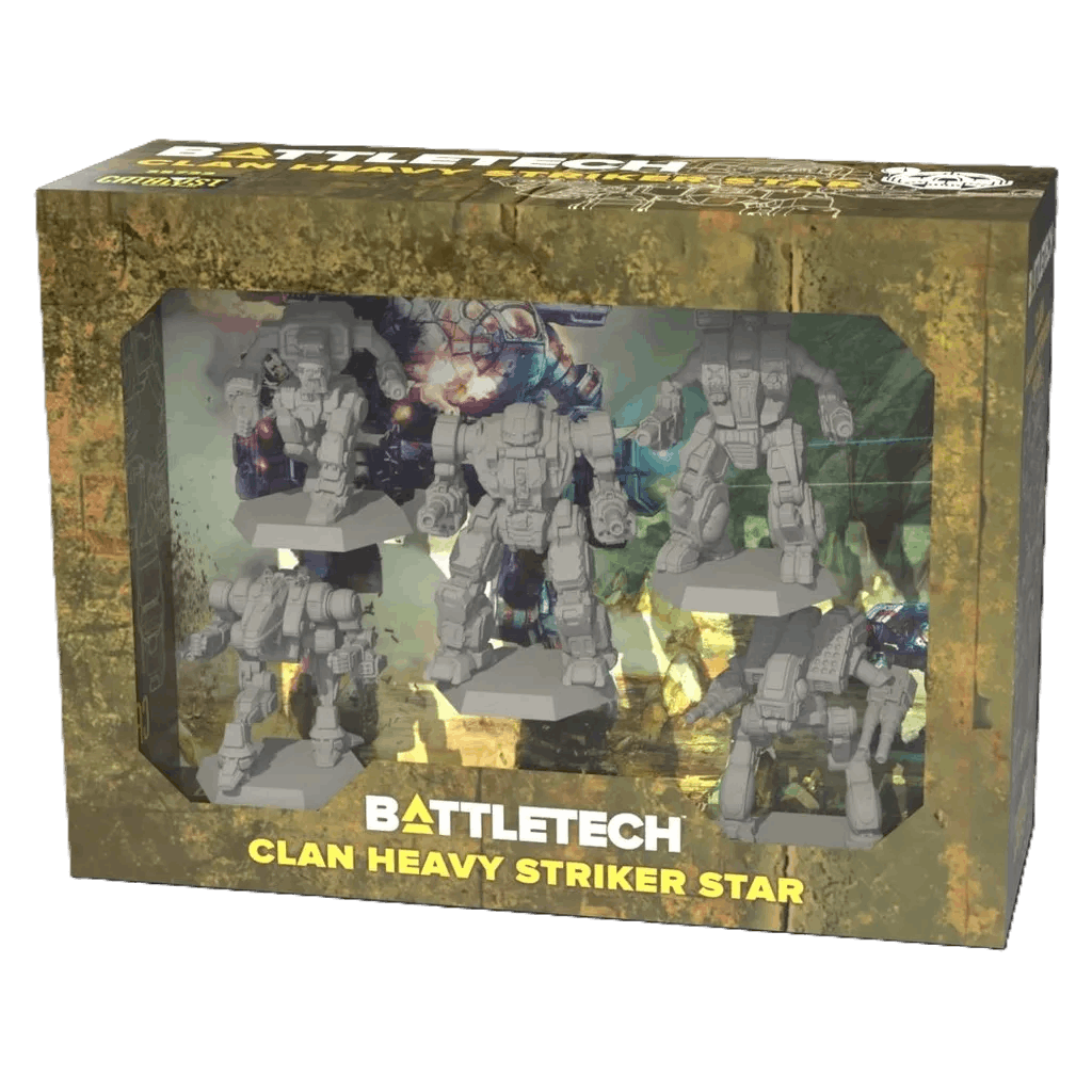 BattleTech: Clan Heavy Striker Star Expansion by Catalyst Game Labs includes five unpainted miniatures in a green and gold box with game art, visible through a clear window, plus Alpha Strike cards for fast-paced play.