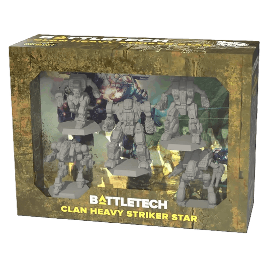 BattleTech: Clan Heavy Striker Star Expansion by Catalyst Game Labs includes five unpainted miniatures in a green and gold box with game art, visible through a clear window, plus Alpha Strike cards for fast-paced play.