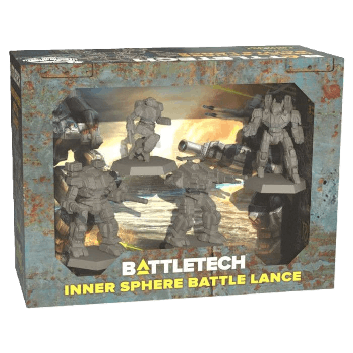 Catalyst Game Labs’ BattleTech: Inner Sphere Battle Lance Expansion includes four unpainted mech miniatures and MechWarrior pilot cards, visible in a windowed box with industrial artwork and a weathered design.