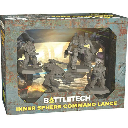 The BattleTech: Inner Sphere Command Lance Expansion by Catalyst Game Labs includes four gray mech miniatures in a display window with a sci-fi backdrop—ideal for Alpha Strike games.