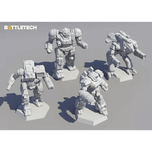 The BattleTech: Inner Sphere Direct Fire Lance Expansion by Catalyst Game Labs features four detailed, unpainted miniatures—including the Marauder II and Atlas—on hex bases, with the BattleTech logo shown in the top left corner.
