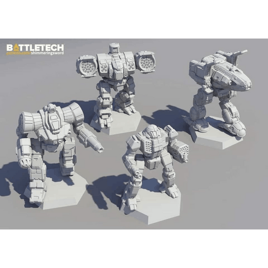 The BattleTech: Inner Sphere Fire Lance Expansion by Catalyst Game Labs features four unique, detailed mech miniatures on hex bases. Each mech boasts distinct armor and weapons, ranging from bulky to streamlined designs. Battletech logo appears in the top