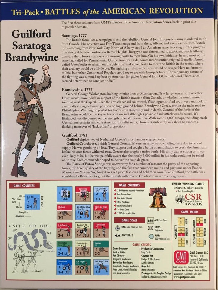 Back cover of GMT Games' Battles of the American Revolution Tri-pack: Guilford, Saratoga, Brandywine game box, showing battle descriptions, an illustrated soldier, stats, and images of game counters and components.