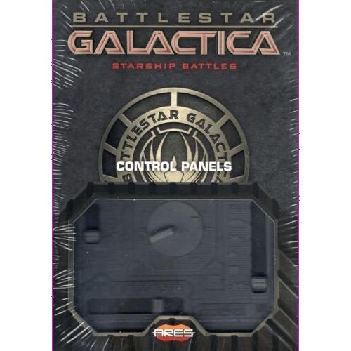 Box cover of Battlestar Galactica: Starship Battles Additional Control Panels Expansion by Ares Games—showing the title, a circular emblem, and a view of the Control Panel components inside plastic packaging.