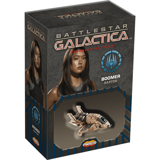 A boxed Battlestar Galactica: Starship Battles – Boomer Raptor by Ares Games featuring a Boomer pilot card, spaceship model, and the Battlestar Galactica ship logo on the packaging.